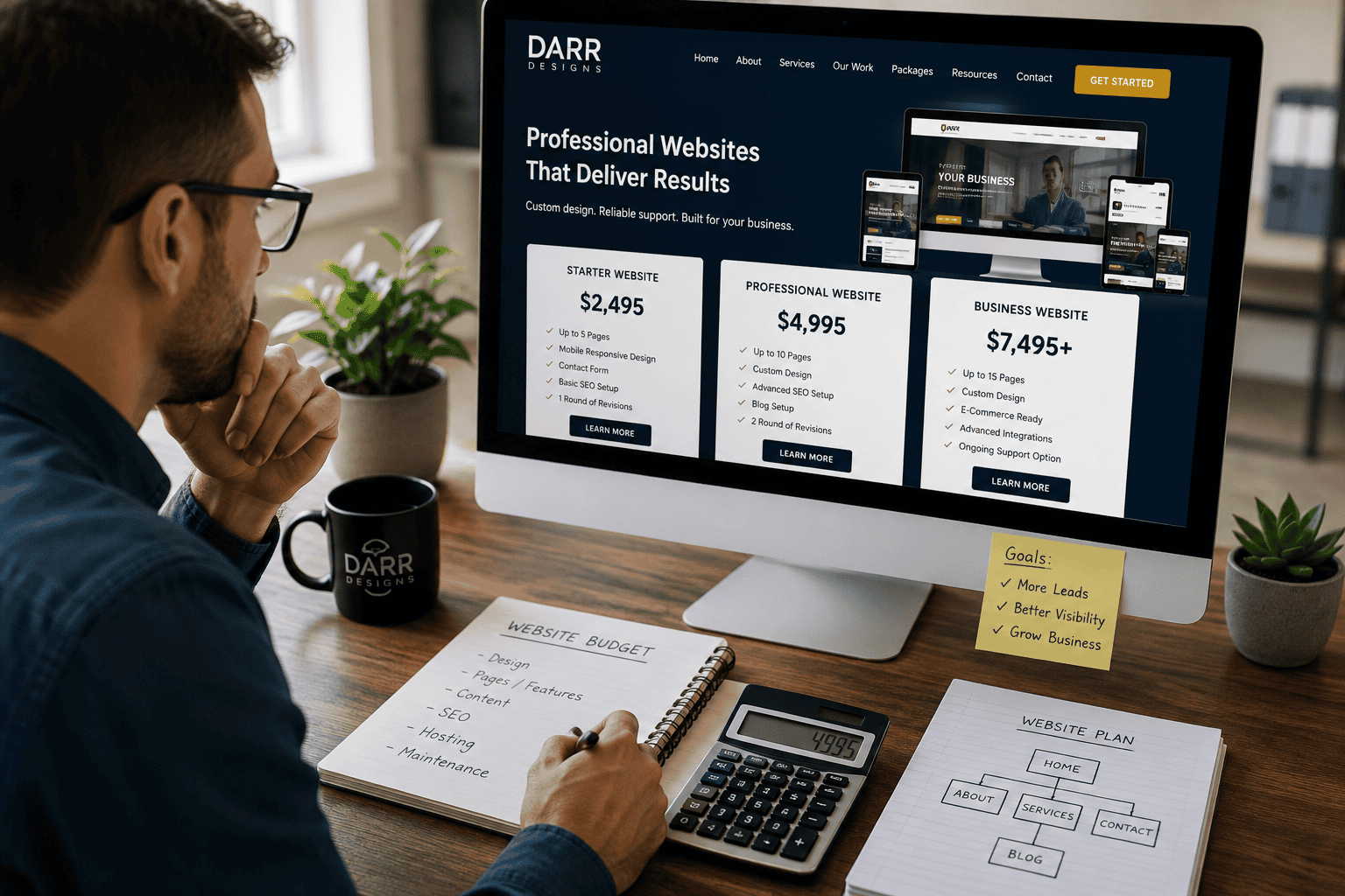 Small business owner reviewing professional website design and development costs