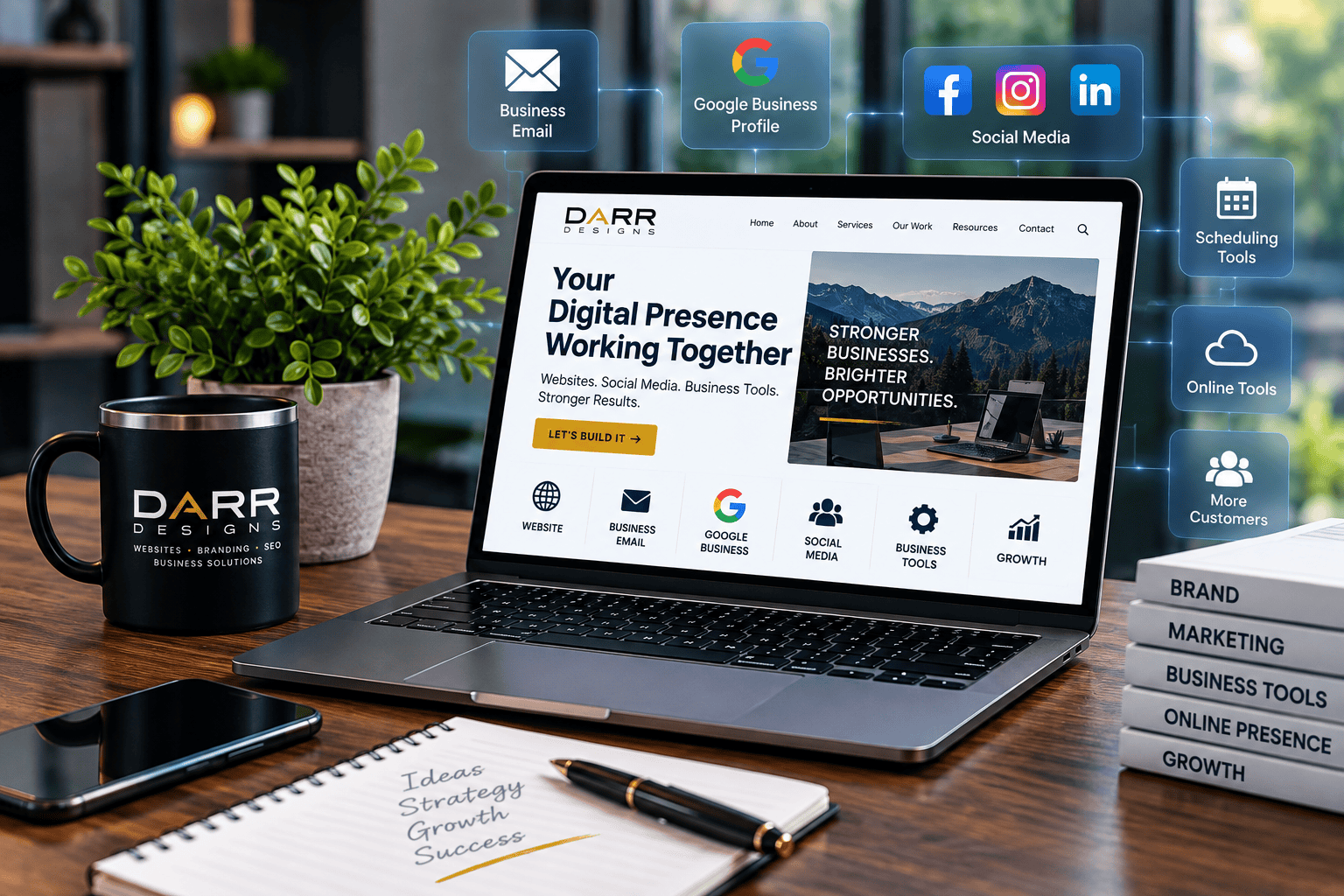 DARR Designs business solutions featuring professional email, Google Business Profile, social media, online tools, scheduling and digital growth services.