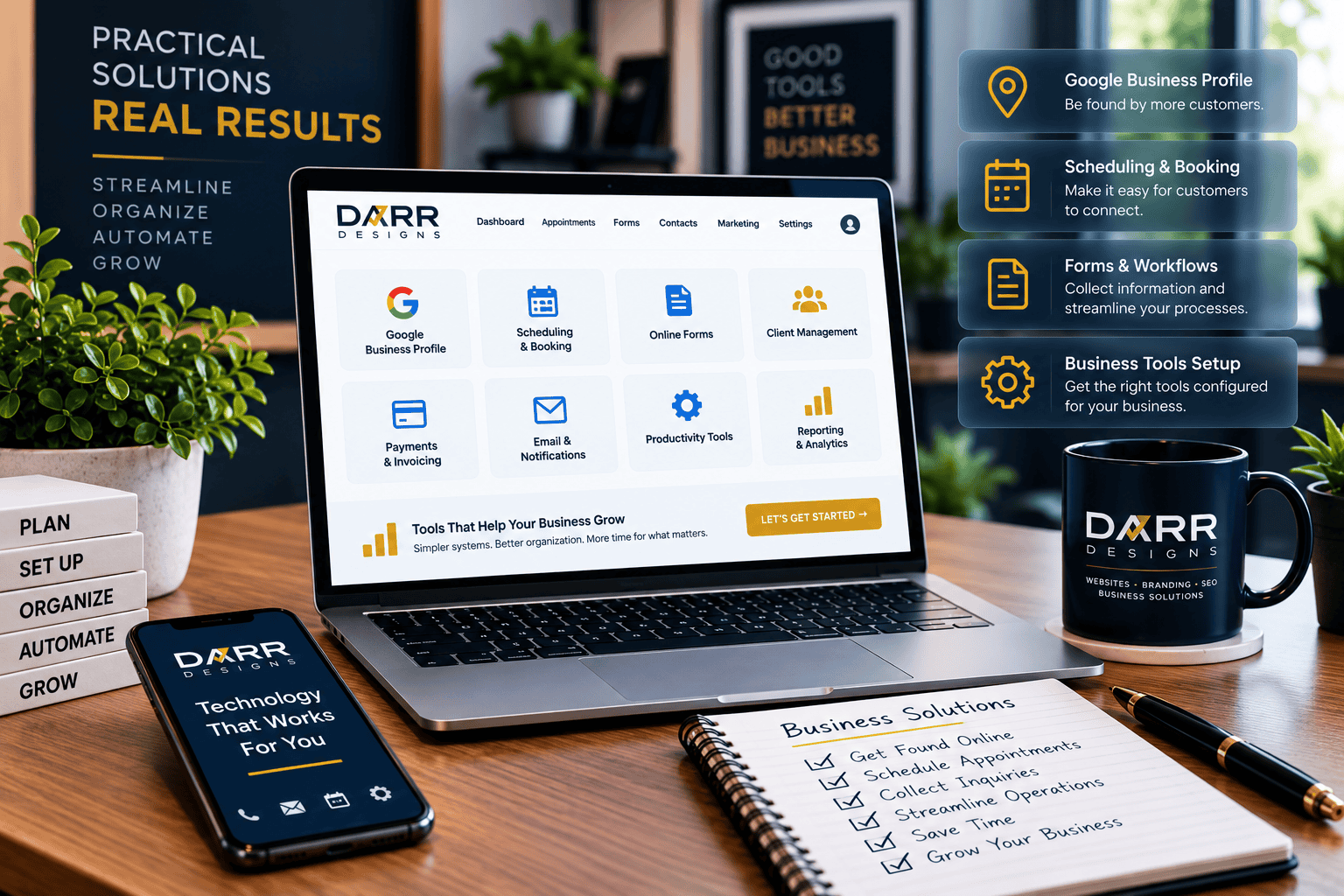 DARR Designs business solutions featuring Google Business Profile, scheduling, online forms, business tools and digital workflow setup.