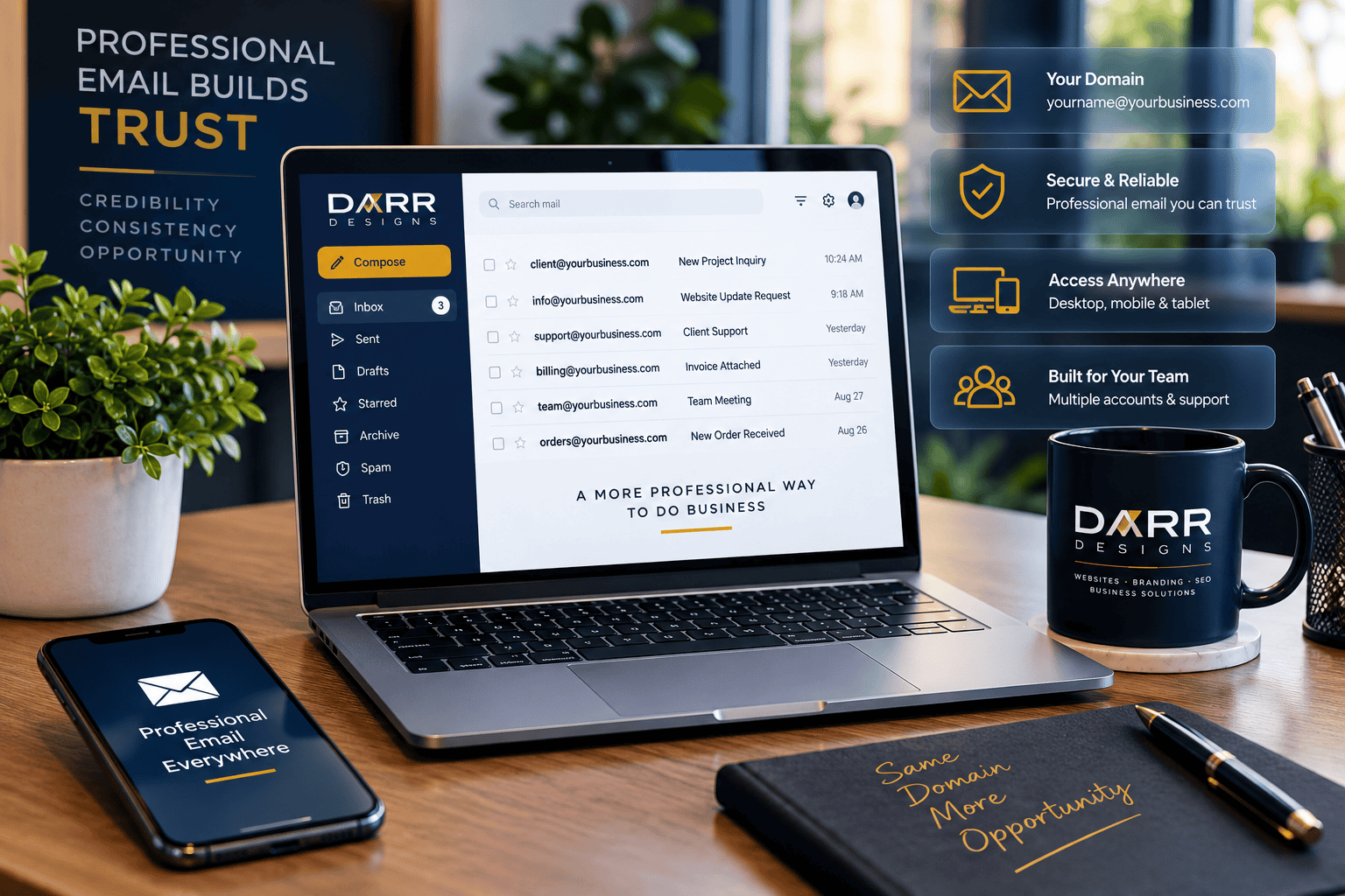 Professional business email solutions from DARR Designs featuring custom domain email, secure accounts, mobile access and team email setup.