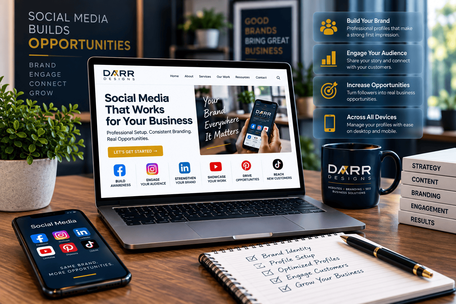 DARR Designs social media solutions featuring professional profile setup, optimization, consistent branding and audience engagement.